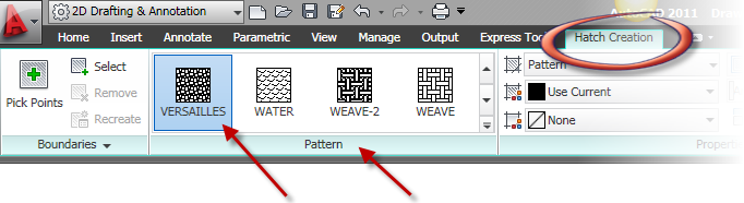 AutoCAD hatch menu palette