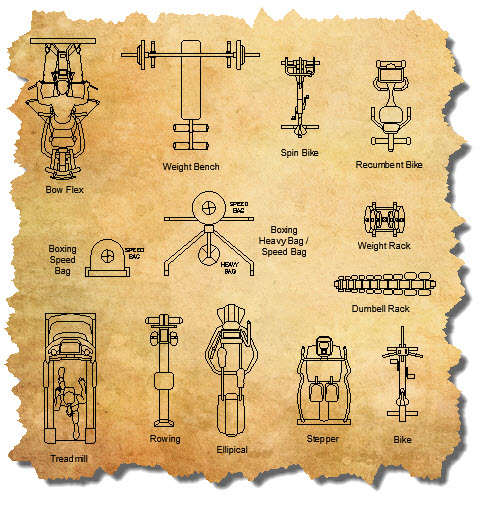 Cad gym equipment blocks autocad sport plan architecture standards architectural pooja floor selection CAD Exercise Equipment Blocks, Fitness Equipment CAD Symbols, Fitness