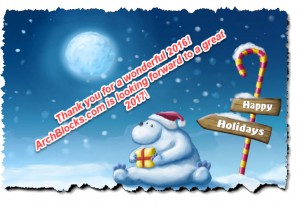 Holiday card with polar bear sitting down holding a present. Happy Holidays sign on candy cane with snow on top. Text says: "Thank you for a wonderful 2016! ArchBlocks.com is looking forward to a great 2017!"