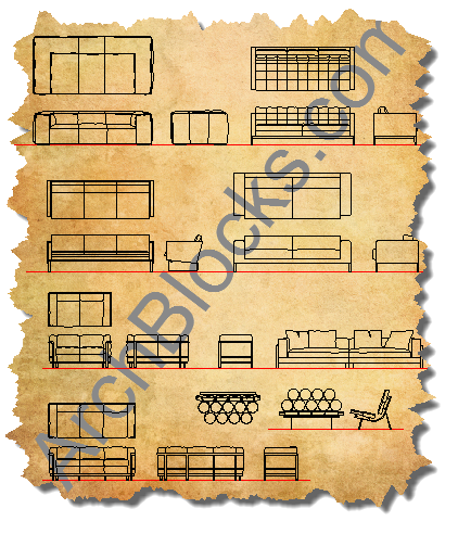 CAD Symbols Modern Mid-Century Modern Sofas Sectionals CAD Symbols