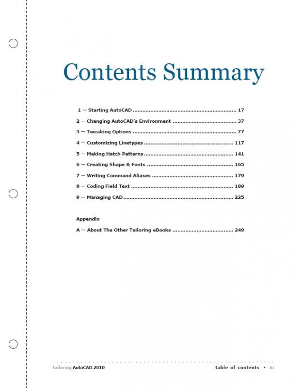 Tailoring AutoCAD 2010 eBook Contents Page