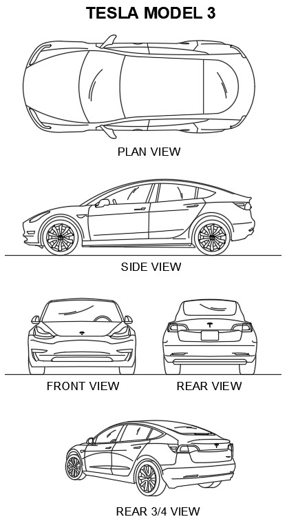 Tesla Model 3 Electric Car AutoCAD Symbols